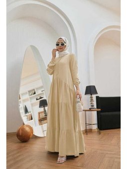 Parça Boya Tensel Britli Düğmeli Büzgülü Elbise Bej