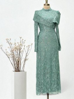 Mint Yeşili Yaka Detaylı Simli Boncuk İşlemeli Dantel Abiye Elbise
