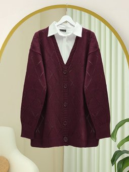 Ajurlu Baklava Desenli Triko Bordo Hırka