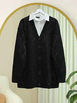 Ajurlu Baklava Desenli Triko Siyah Hırka