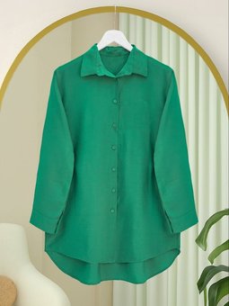 Arkası Uzun Düğmeli Poplin Yeşil Gömlek
