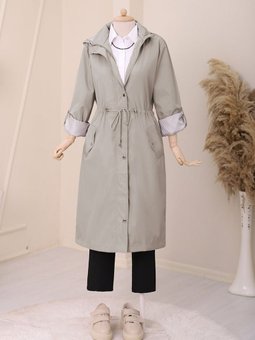 Astarı Çizgili Gri Trençkot