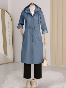 Astarı Çizgili İndigo Trençkot