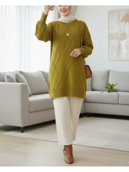 Baklava Desenli Yumoş Triko Yağ Yeşili Tunik