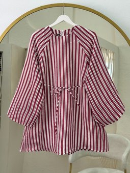 Balon Kol Belden Bağlamalı Astarlı Çizgili Bordo Tunik