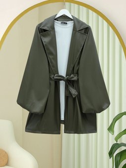 Balon Kol Kemerli Deri Haki Ceket