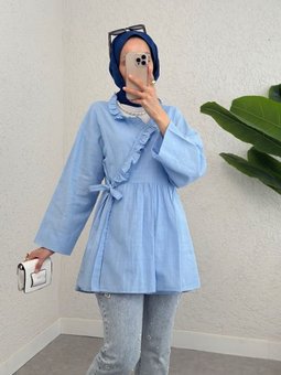 Bebe Mavi Yakası Fırfırlı Yandan Bağlamalı Keten Kimono