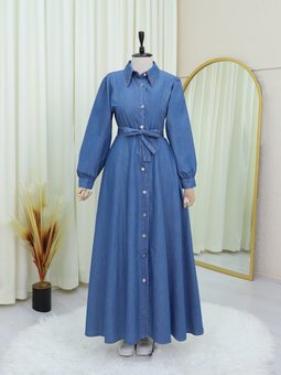 Belden Bağlamalı Önü Düğmeli Boncuklu Kot Mavi Elbise