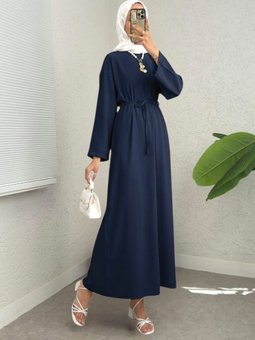 Beli Bağlamalı Arkası Fermuarlı Keten Laci Elbise