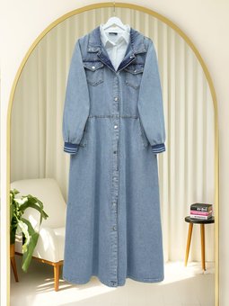 Boydan Düğmeli Cepli Kolu Ribanalı Kot Buz Mavi Kap