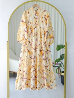 Çiçek Desenli Parçalı Kolu Lastikli Yarım Düğmeli Hardal Elbise