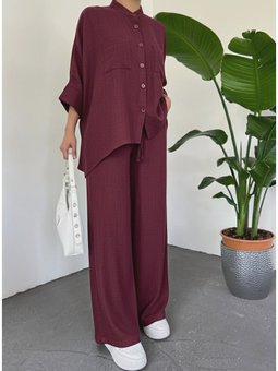 Çift Cepli Yarım Yarasa Kol Salaş Gömlek Bordo Takım