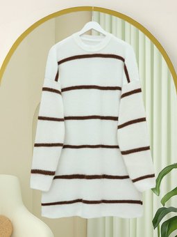 Çizgili Salaş Sakallı Triko Beyaz Tunik