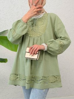 Dantel Detaylı Yakası Bağlamalı Kolu Lastikli Çağla Y. Gömlek