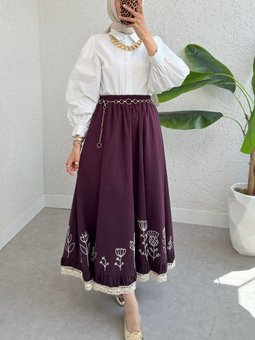 Dantel İşlemeli Beli Lastikli Mürdüm Etek