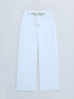 Duble Kumaş Beli Kuşaklı Bol Paça Beyaz Pantolon