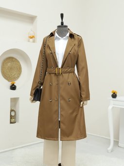 Düğmeli Kemerli Ara Boy Taba Trençkot