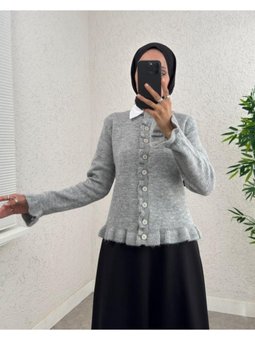 Düğmeli Önü Ve Eteği Fırfırlı Gri Hırka