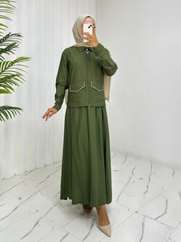 Fermuarlı Ceketli Beli Lastikli Etekli Keten Haki Takım