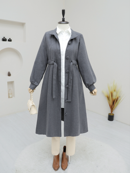 Füme Belden Bağlamalı Top Düğmeli Kaşe Kaban