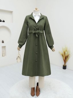 Haki Belden Bağlamalı Top Düğmeli Kaşe Kaban