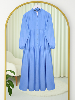 Hakim Yaka Yarım Düğmeli Pamuk Ayrobin Mavi Elbise