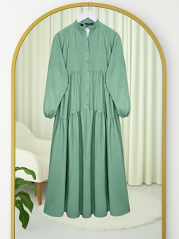 Hakim Yaka Yarım Düğmeli Pamuk Ayrobin Su Yeşili Elbise