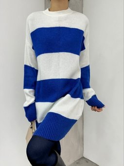 Kalın Çizgili Triko Saks Mavisi Tunik