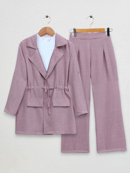 Kapaklı Tünel Köprülü Ceketli Keten Pudra Takım