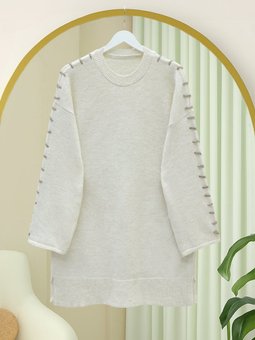 Kolları İpli Çizgili Yumoş Triko Krem Tunik