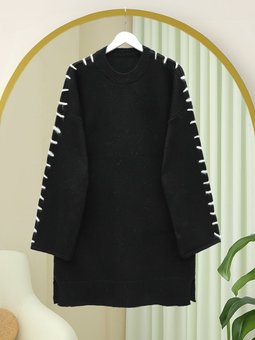 Kolları İpli Çizgili Yumoş Triko Siyah Tunik