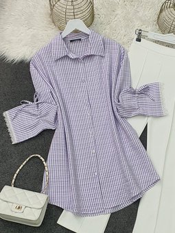 Kolu Dantelli Bağcıklı Çizgili Lila Gömlek