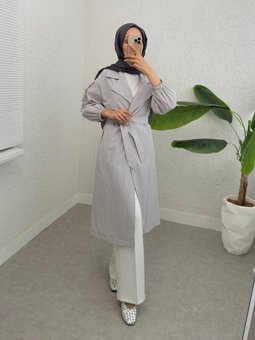 Kolu Lastikli Kemerli Astarlı Gri Trençkot