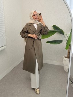 Kolu Lastikli Kemerli Astarlı Haki Trençkot