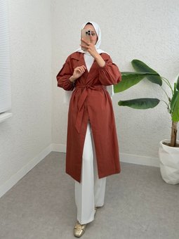 Kolu Lastikli Kemerli Astarlı Kiremit Trençkot