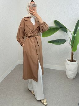 Kolu Lastikli Kemerli Astarlı Taba Trençkot