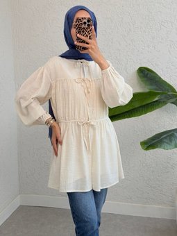 Önü Bağlamalı Kolları Lastikli Ekru Gömlek