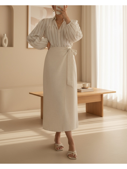 Önü Çift Kat Yandan Bağlamalı Keten Taş Etek