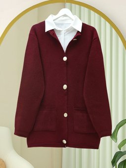 Önü Düğmeli Çift Cepli Yumoş Triko Bordo Hırka