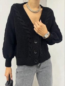 Örgü Desen Düğmeli Araboy Siyah Hırka