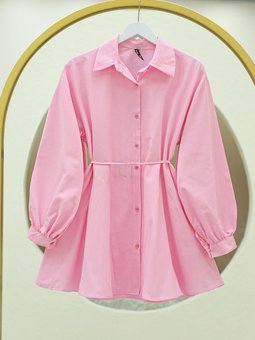 Parça Kumaşlı Düğmeli Poplin Pembe Tunik