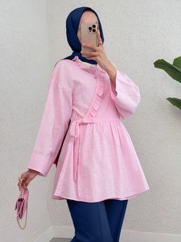 Pembe Yakası Fırfırlı Yandan Bağlamalı Keten Kimono