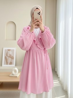 Pudra Fırfırlı Önü Bağcıklı Kolu Lastikli Kimono