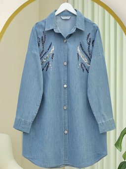 Pul Payetli Metal Düğmeli Salaş Kot Açık Mavi Gömlek