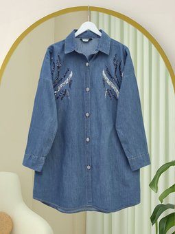 Pul Payetli Metal Düğmeli Salaş Kot İndigo Gömlek