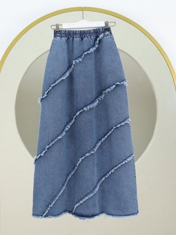 Püskül Detaylı Beli Lastikli Kot İndigo Etek