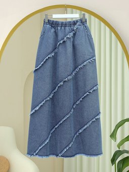 Püskül Detaylı Beli Lastikli Kot Mavi Etek