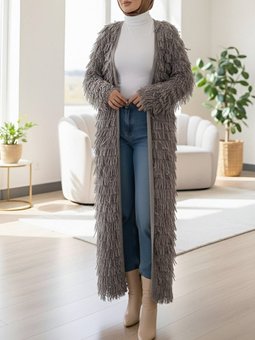 Saçaklı Uzun Triko Toprak Hırka