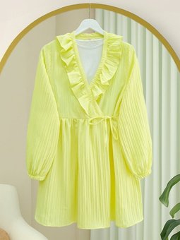 Sarı Fırfırlı Önü Bağcıklı Kolu Lastikli Kimono