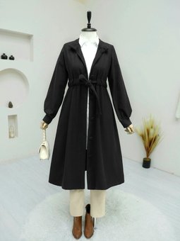 Siyah Belden Bağlamalı Top Düğmeli Kaşe Kaban